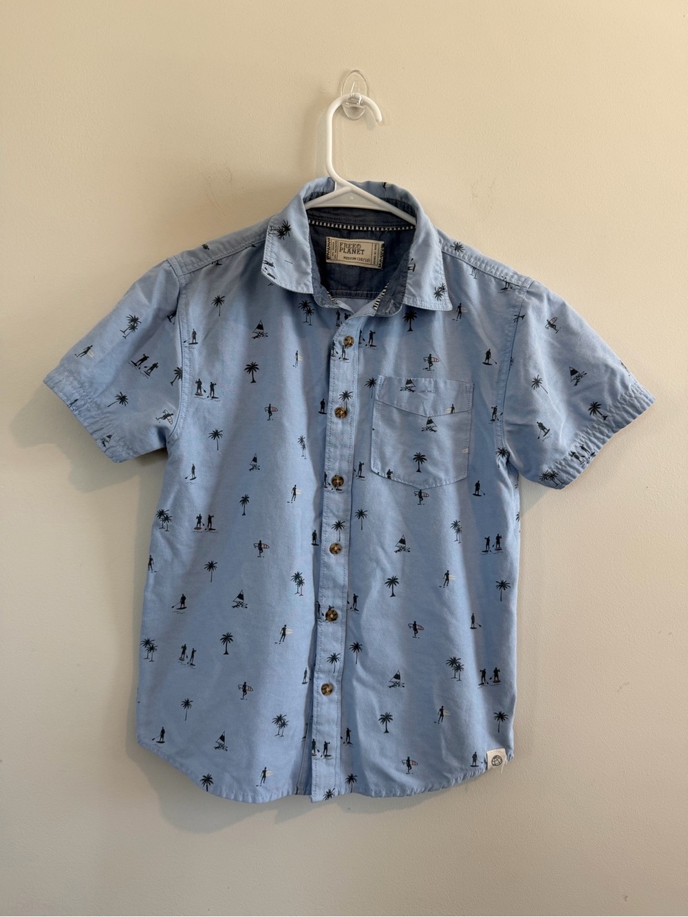 Free Planet Light Blue Short-Sleeve Button-Down with Black Palm Print